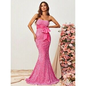 Bow Front Sequin Tube Mermaid Dresses Sequins Maxi Strapless Dress Size S #706